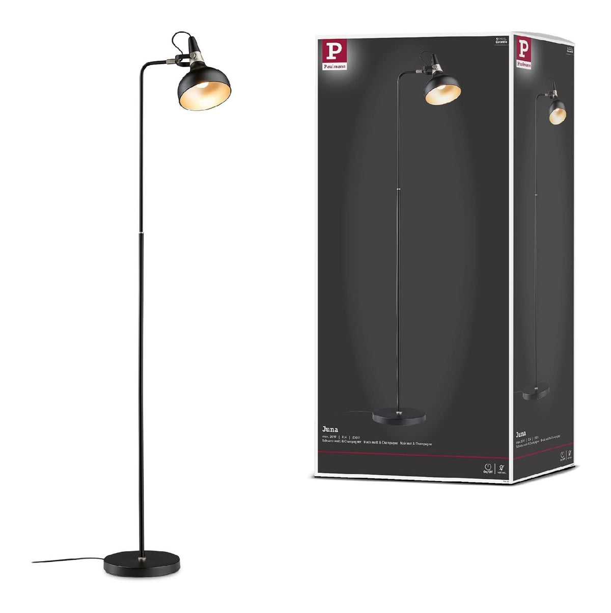Lampadaire Noir et Dore aux lignes epurees avec eclairage confortable 20W E14