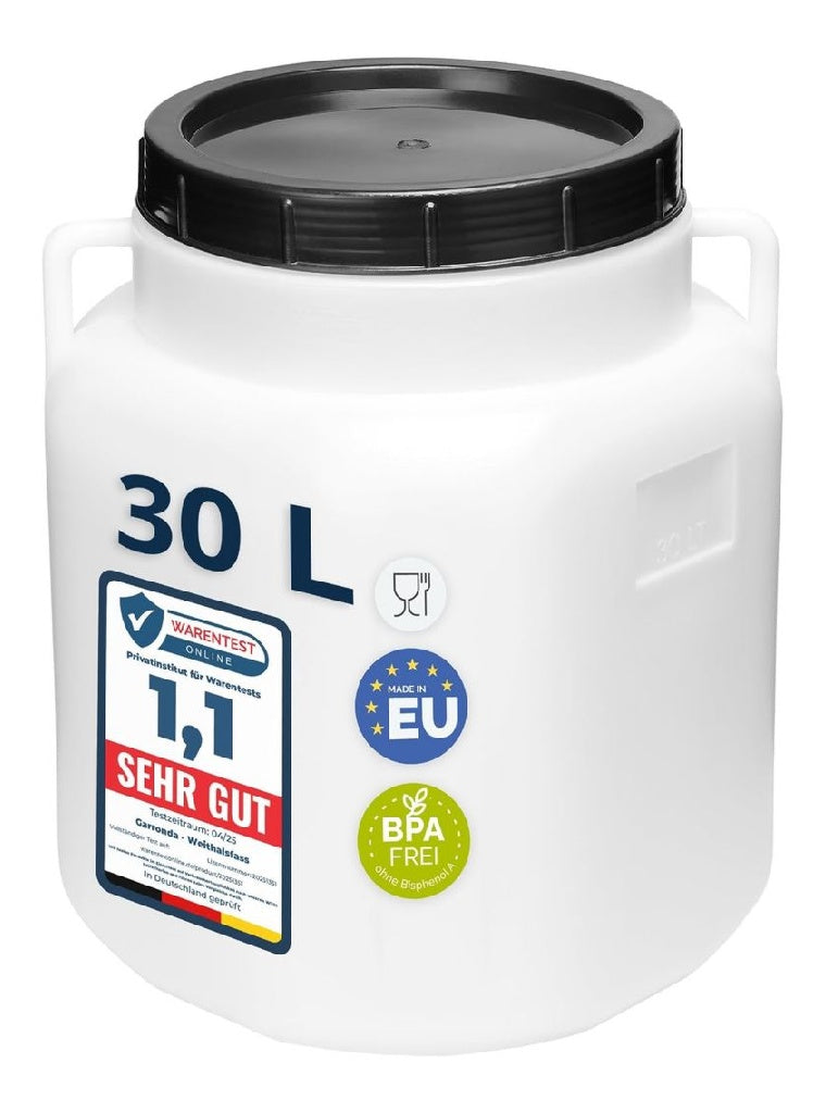 Garronda d'eau Reservoir Carre 30L avec Couvercle Fut Alimentaire GD0088 Bidon d'Eau a Grande Ouverture sans BPA pour Stockage Aliments Conservation Choucroute Fermentation et Saumure Blanc