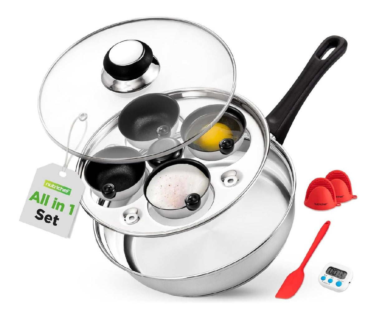 Poele NutriChef a Oeufs Poches 4 Moules dans Inox 20 cm - Cuiseur a Oeufs Antiadhesif avec Couvercle en Verre Minuterie et Accessoires Compatible Induction Gaz et Electrique Pour Oeufs Poches Parfaits